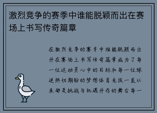 激烈竞争的赛季中谁能脱颖而出在赛场上书写传奇篇章