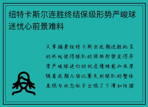 纽特卡斯尔连胜终结保级形势严峻球迷忧心前景难料