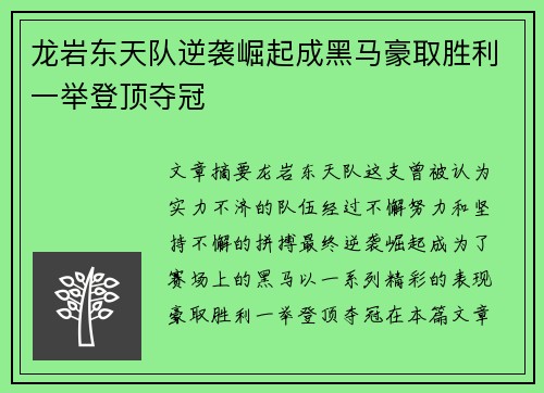 龙岩东天队逆袭崛起成黑马豪取胜利一举登顶夺冠