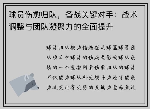 球员伤愈归队，备战关键对手：战术调整与团队凝聚力的全面提升
