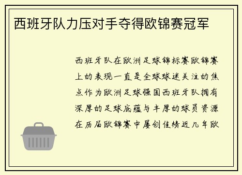 西班牙队力压对手夺得欧锦赛冠军