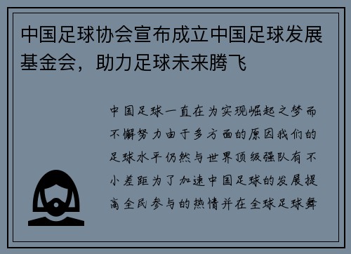 中国足球协会宣布成立中国足球发展基金会，助力足球未来腾飞