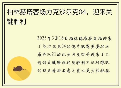 柏林赫塔客场力克沙尔克04，迎来关键胜利