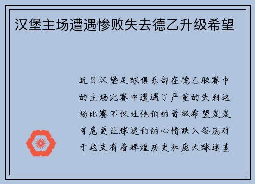 汉堡主场遭遇惨败失去德乙升级希望