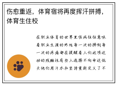 伤愈重返，体育宿将再度挥汗拼搏，体育生住校