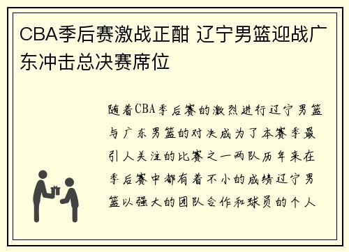 CBA季后赛激战正酣 辽宁男篮迎战广东冲击总决赛席位