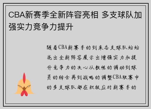 CBA新赛季全新阵容亮相 多支球队加强实力竞争力提升