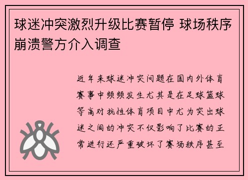 球迷冲突激烈升级比赛暂停 球场秩序崩溃警方介入调查